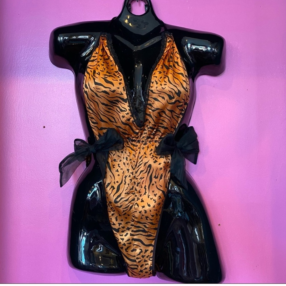 Vintage 80s Emil Bole Pinup Betty Page Inspired Tiger Print One Piece Lingerie